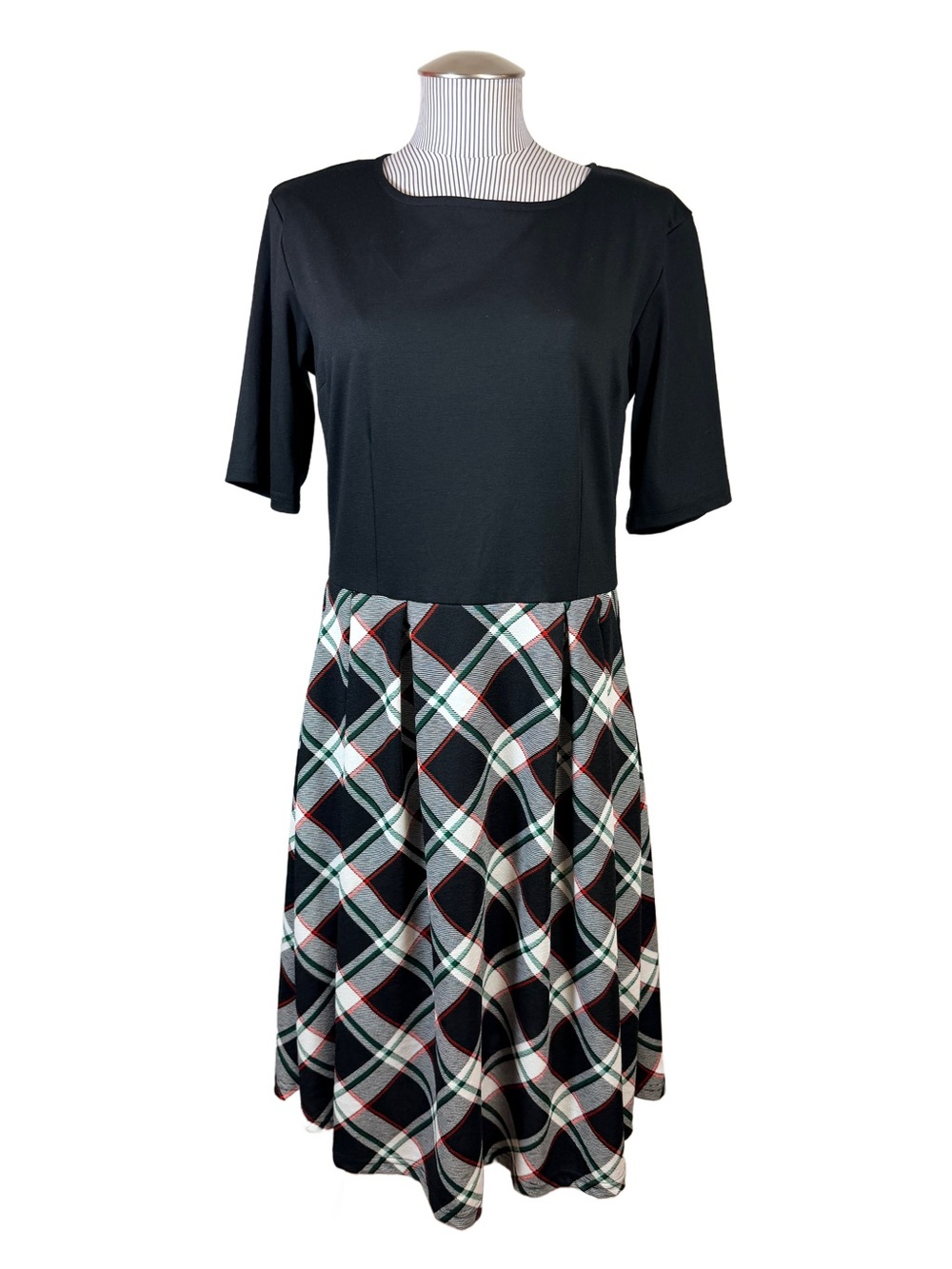 Oxiuly Fashion Retro Plaid Patchwork Midi Dress Black Red White Pleated Size L